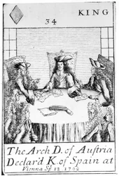 El Archiduque de Austria declarado Rey de España en Viena, 12 de septiembre de 1702, carta del Rey de Diamantes de un conjunto que conmemora la Guerra de Sucesión Española